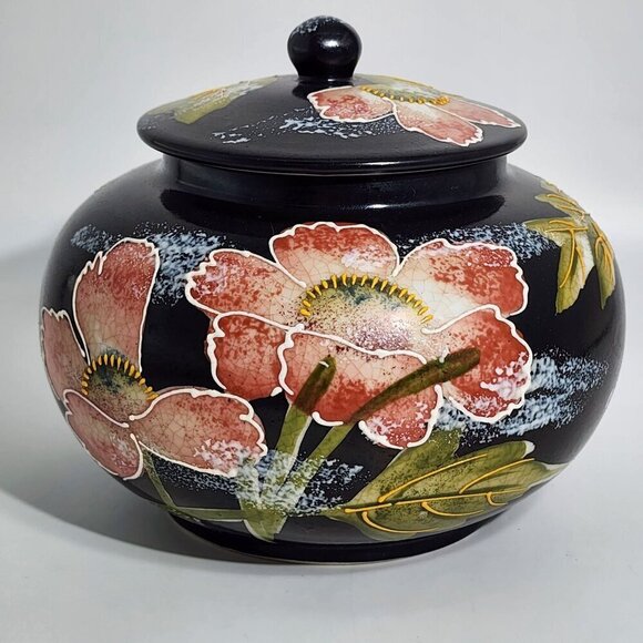 Hand-Painted Black Ceramic Jar Lid Pink & Green Floral Motif Fredrick Cooper - Picture 1 of 12